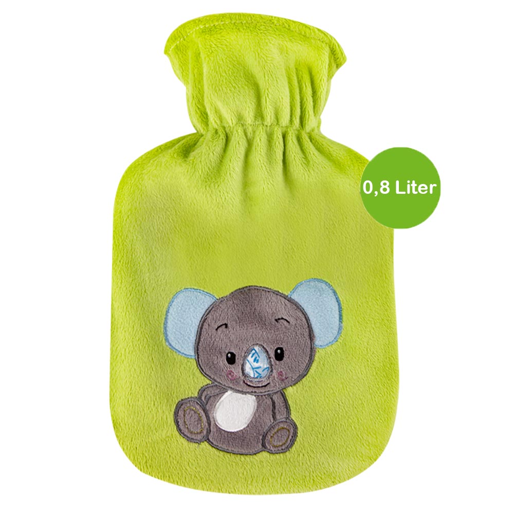 Wärmflasche mit Velourbezug in Grün, Koala-Motiv, 0,8-Liter-Füllmenge
