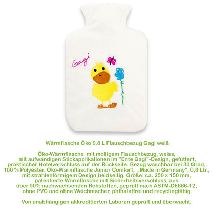 Weiße Wärmflasche mit Flauschbezug Gagi-Motiv, stehende Vorderansicht mit Öffenung