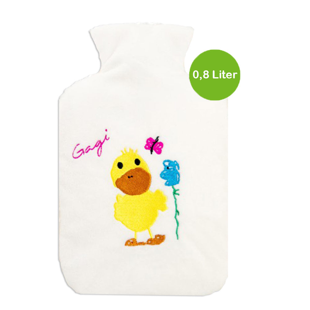Wärmflasche 0,8-Liter mit weißem Flauschbezug und Gagi-Motiv