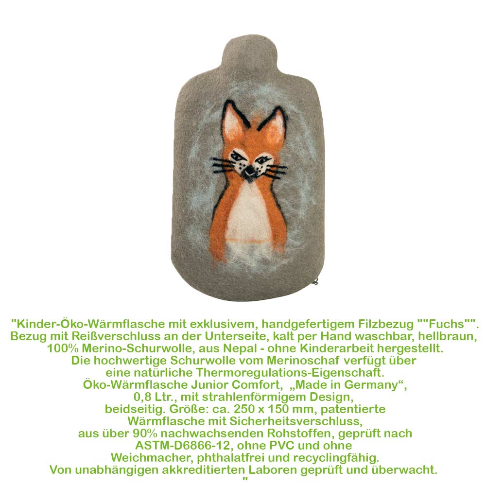Hugo Frosch Wärmflasche 0,8 l mit grauem Filzbezug und Fuchsmotiv
