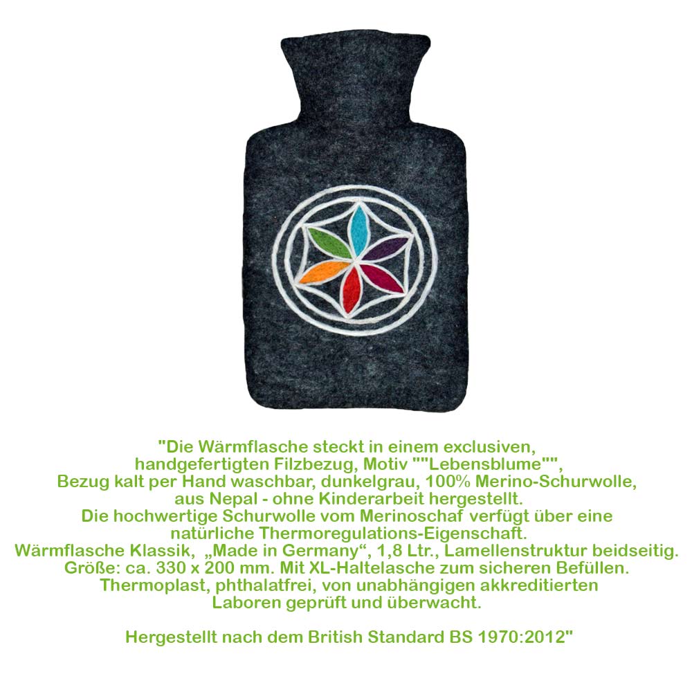 Wärmflasche mit Filzbezug, dunkelgrau, Lebensblume-Emblem im runden Muster