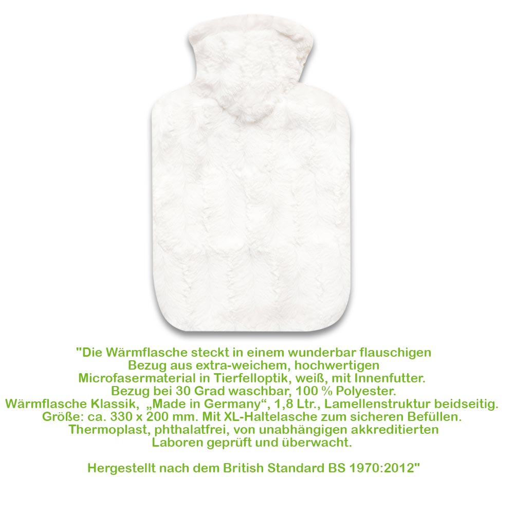 Klassik Wärmflasche mit Flauschbezug, weiß, 1,8 l, Tierfelloptik