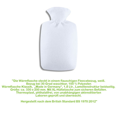 Wärmflasche mit weißem Fleecebezug, gerundete Form, seitliche Ansicht