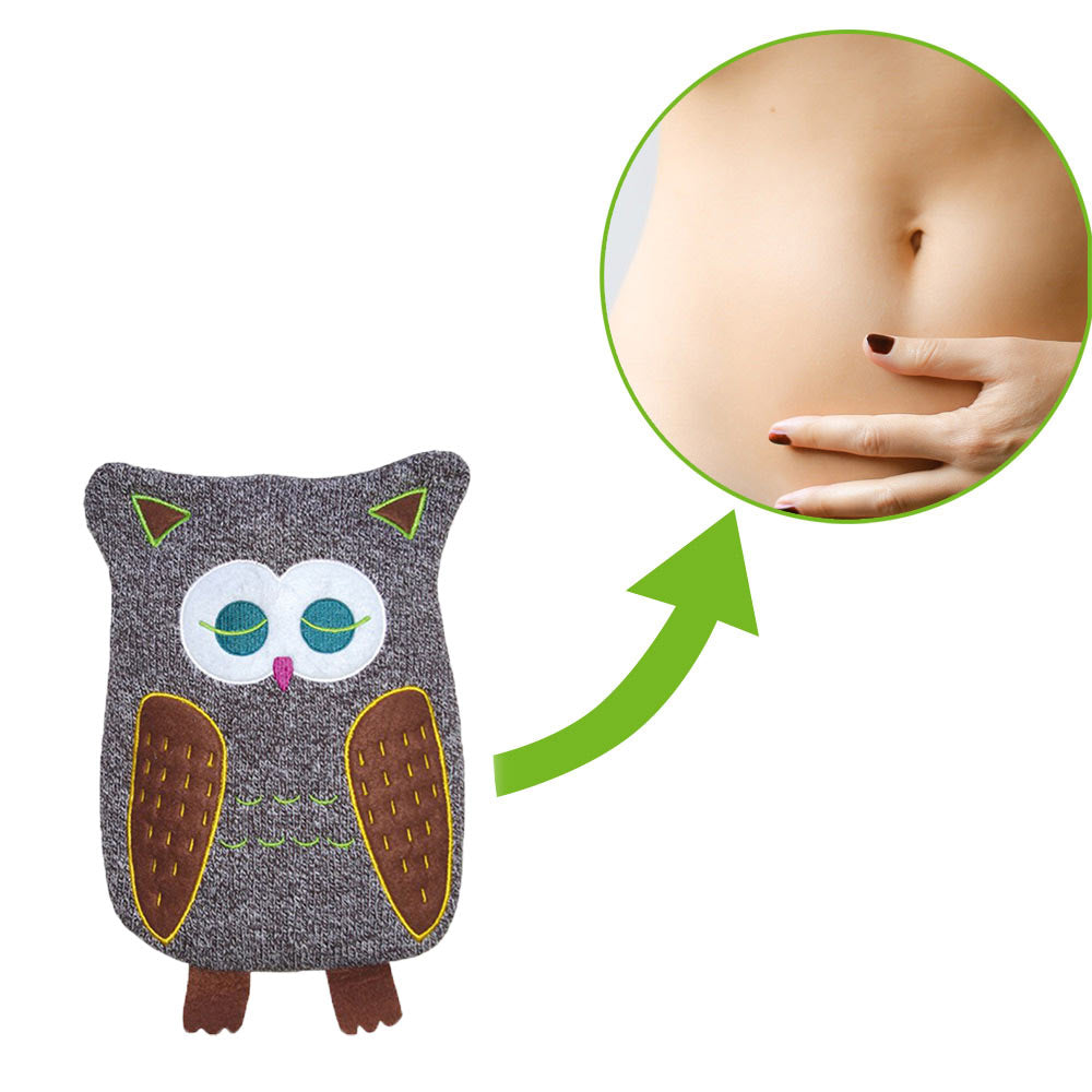 Wärmflasche mit Strickbezug Eule, grau meliert, Wärme am Bauch durch Hand