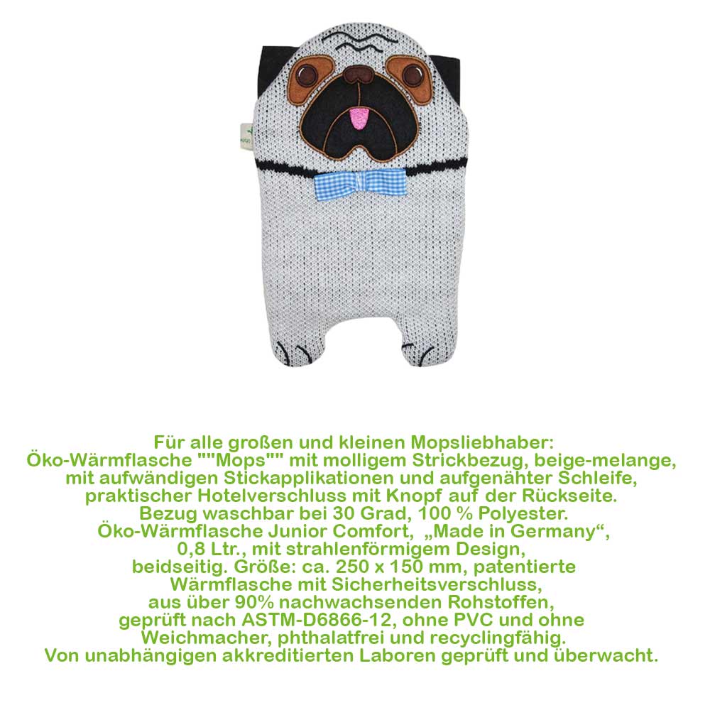 Wärmflasche mit Mops-Strickbezug, hellgrau und schwarze Streifen, blau kariertes Tuch