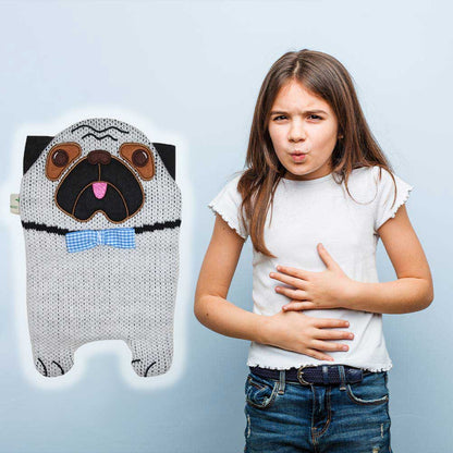 Wärmflasche mit Mops-Strickbezug neben Person, hellgrau, schwarze Streifen, blau kariertes Tuch