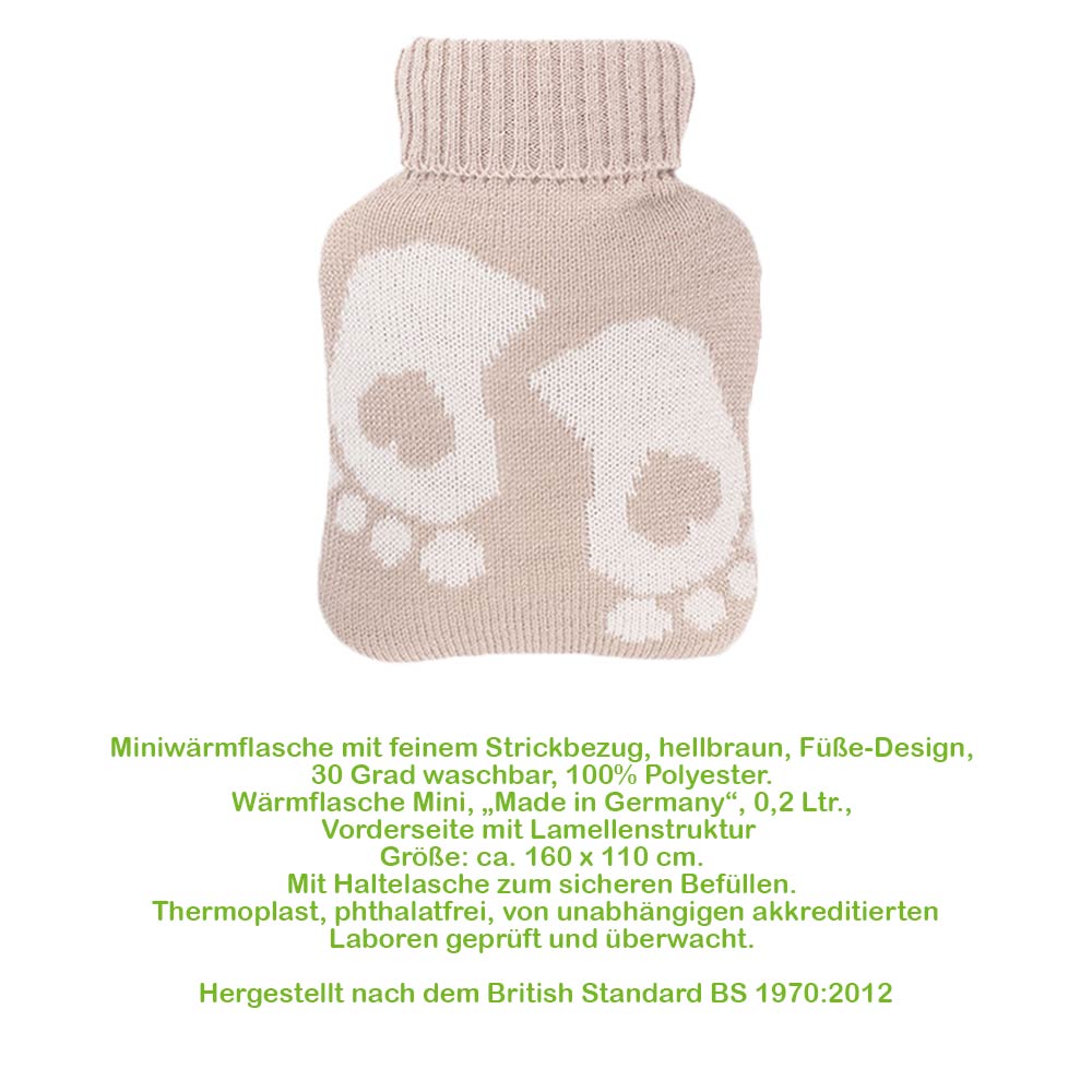 Mini-Wärmflasche mit Strickbezug beige und Füße-Muster, gerippter Halsbund