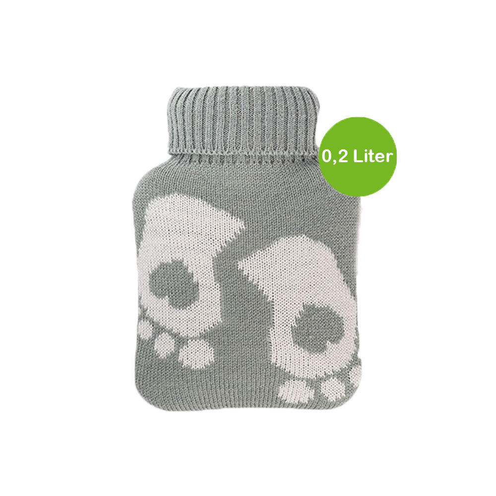 Mini-Wärmflasche mit Strickbezug hellgrau, Füße-Muster