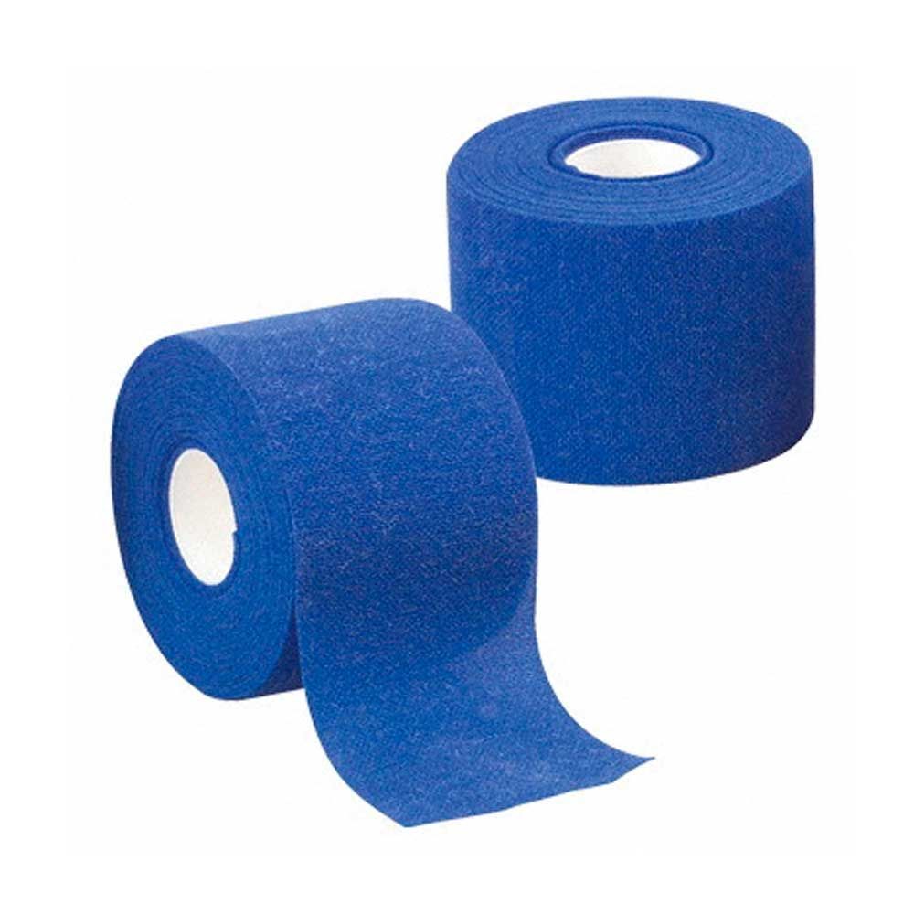 Kohäsive Fixierbinde aus Vlies, blaue Rollen mit abgerollter Bahn