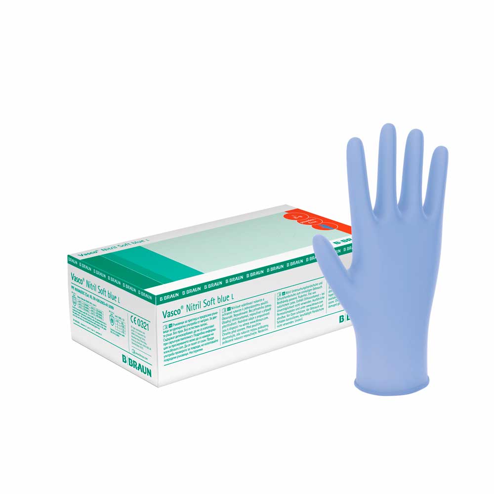 Nitrilhandschuh Vasco® aus Nitril, hellblau, Handmodell mit Packung daneben