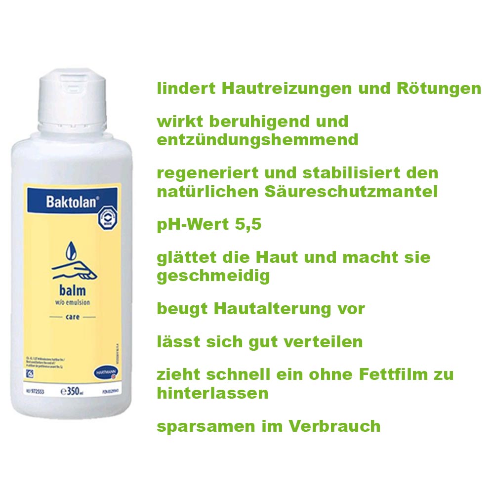 Baktolan Balm Pflegebalsam, gelb-blaues Etikett auf weißer Flasche