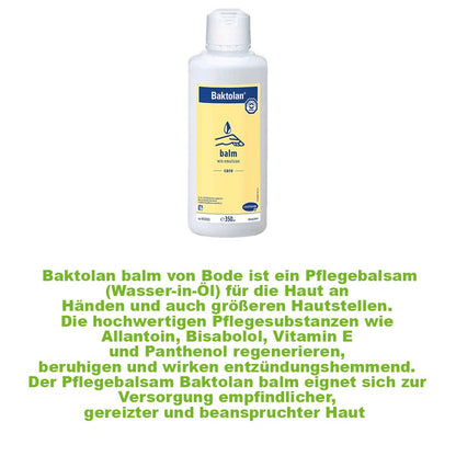 Baktolan Pflegebalsam auf weißer Flasche, gelbes Etikett mit Tropfensymbol