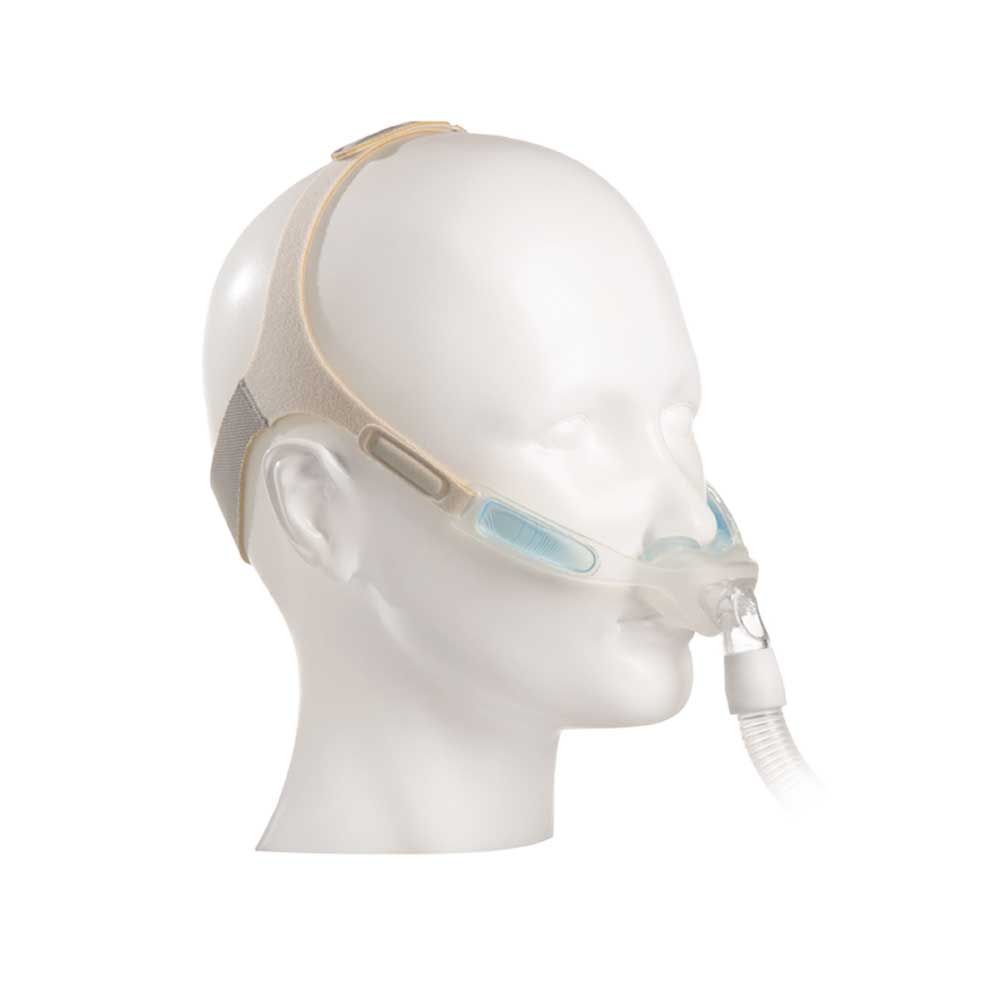 Philips Nuance CPAP-Nasenmaske im Seitenprofil mit Gelkissen und Nasenauflage
