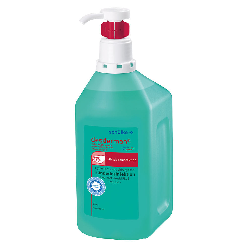 Schülke desderman® hyclick Händedesinfektionsmittel: grüne Flasche, roter Pumpkopf, Seitenansicht