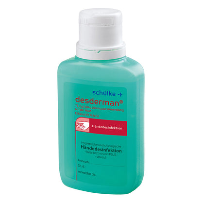 Händedesinfektionsmittel desderman von schülke, türkisfarbene Flasche mit weißem Schraubdeckel