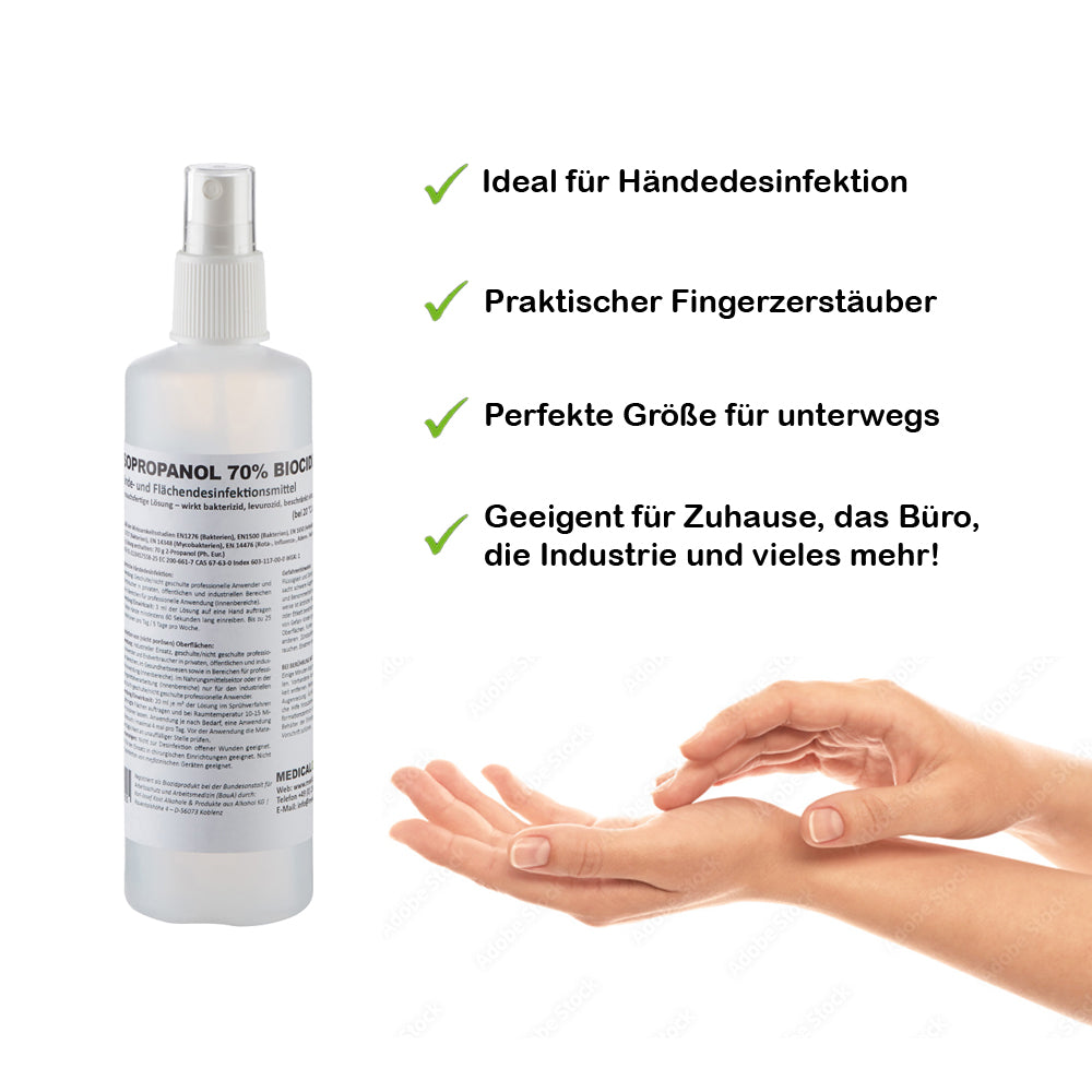Händedesinfektionsspray aus der Sprühflasche, Anwendung mit Hand