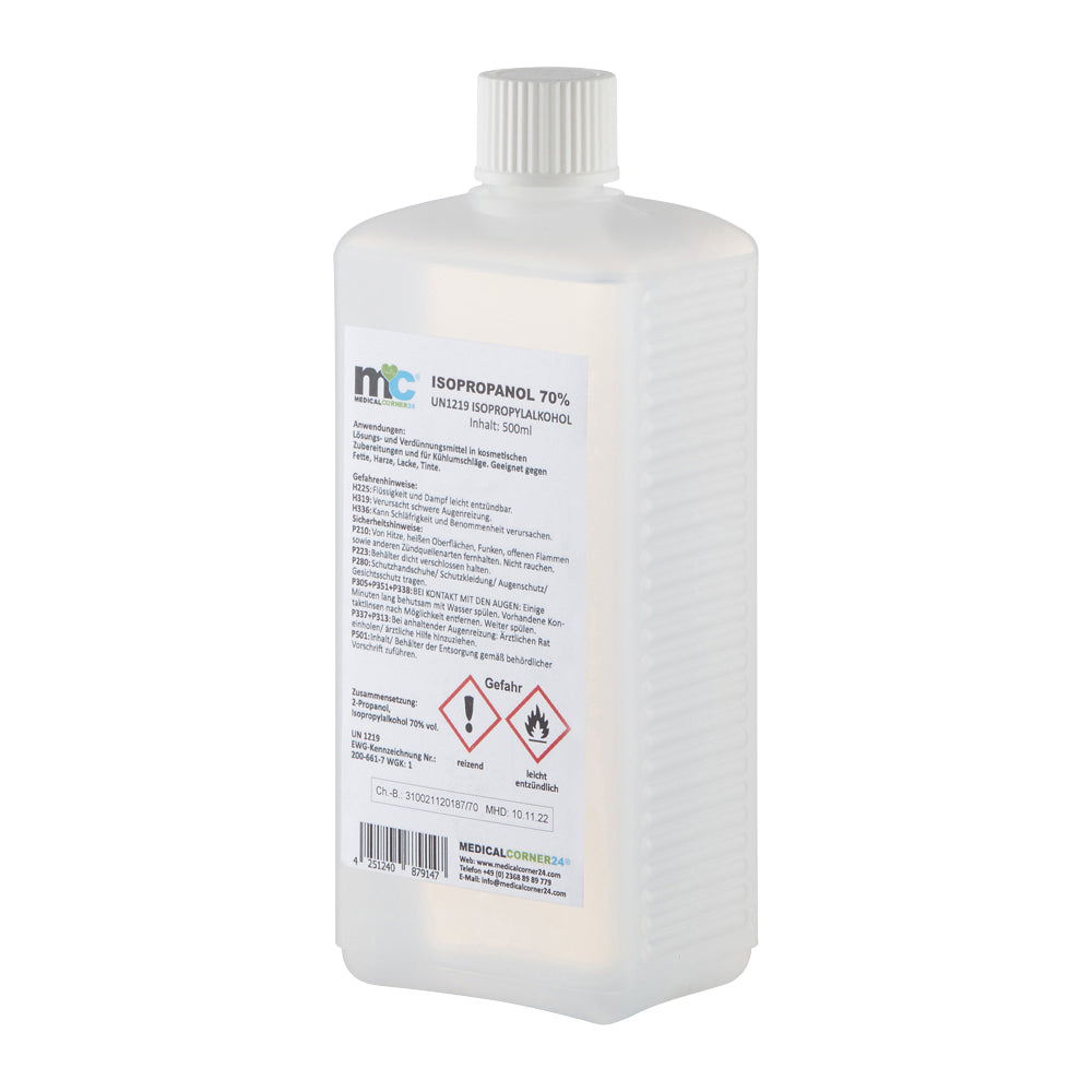 Isopropanol 70%-Kanister mit Schraubverschluss, weißem Etikett und Sicherheitsgefahrenhinweisen