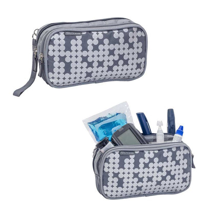 Diabetikertasche mit grauem Punktmuster, geöffnetes Etui mit mehreren Fächern.