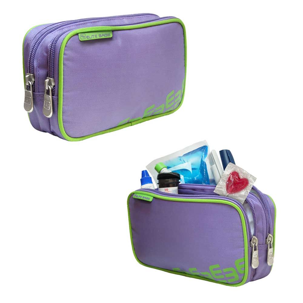 Diabetikertasche in Lila mit grünem Zierband, doppeltem Reißverschlussfach innen.