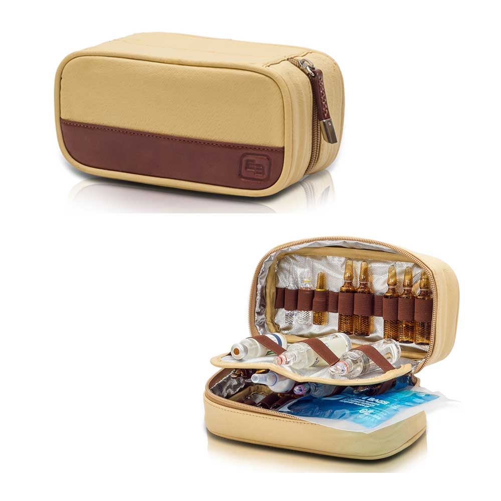 Beige Arzttasche mit braunen Taschenfronten, geöffnetem Innenfach für Utensilien