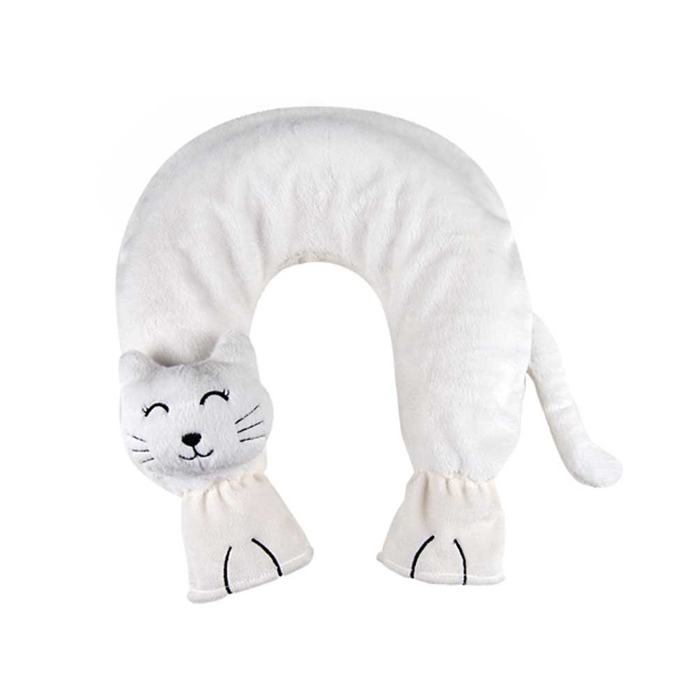 Nackenwärmflasche mit Katzenbezug, weißer Plüschbezug in U-Form