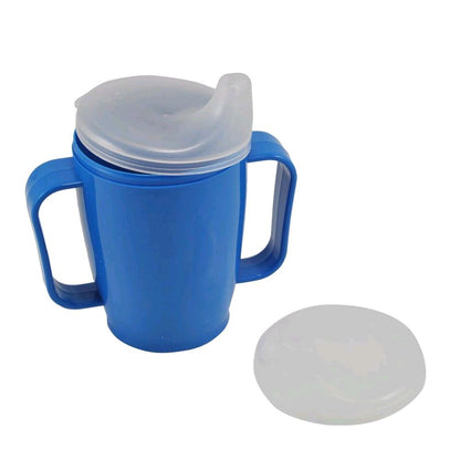 Blauer Schnabelbecher mit Griff, transparenter Deckel und Auslaufaufsatz