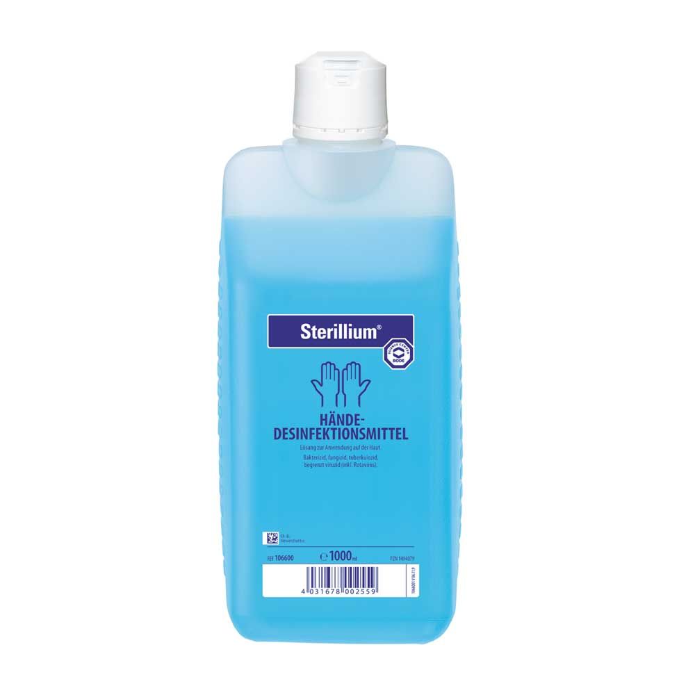 Sterillium Händedesinfektionsmittel, blaue 1000-ml-Flasche mit Etikett