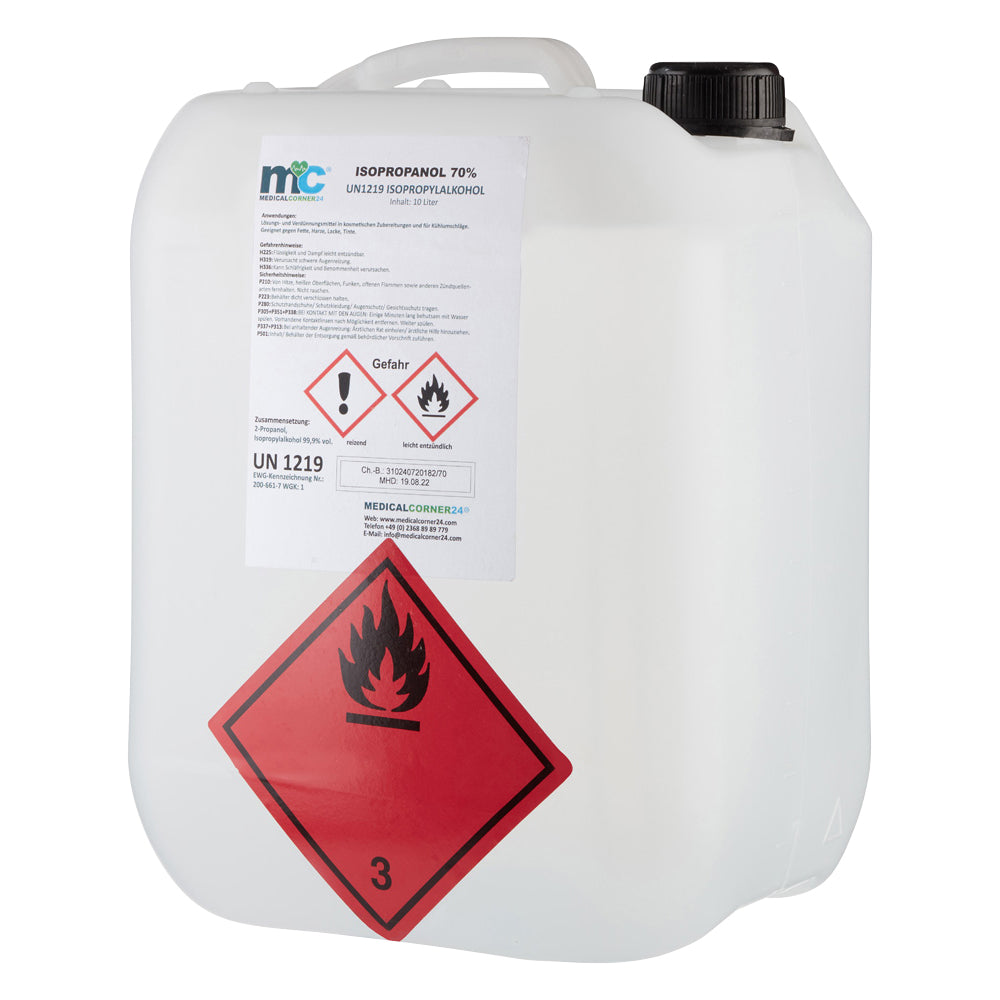 Isopropanol 70%-Kanister mit Gefahrenhinweisen, schwarzer Kappe und rotem Gefahrensymbol
