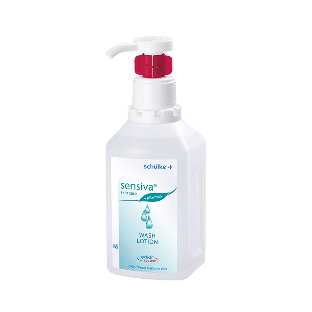 Schülke sensiva® Waschlotion in weißer Flasche mit rotem Dosierpumpendeckel
