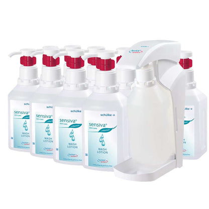 Schülke sensiva® Waschlotion-Set mit hyclick® Variospender und mehreren weißen Flaschen