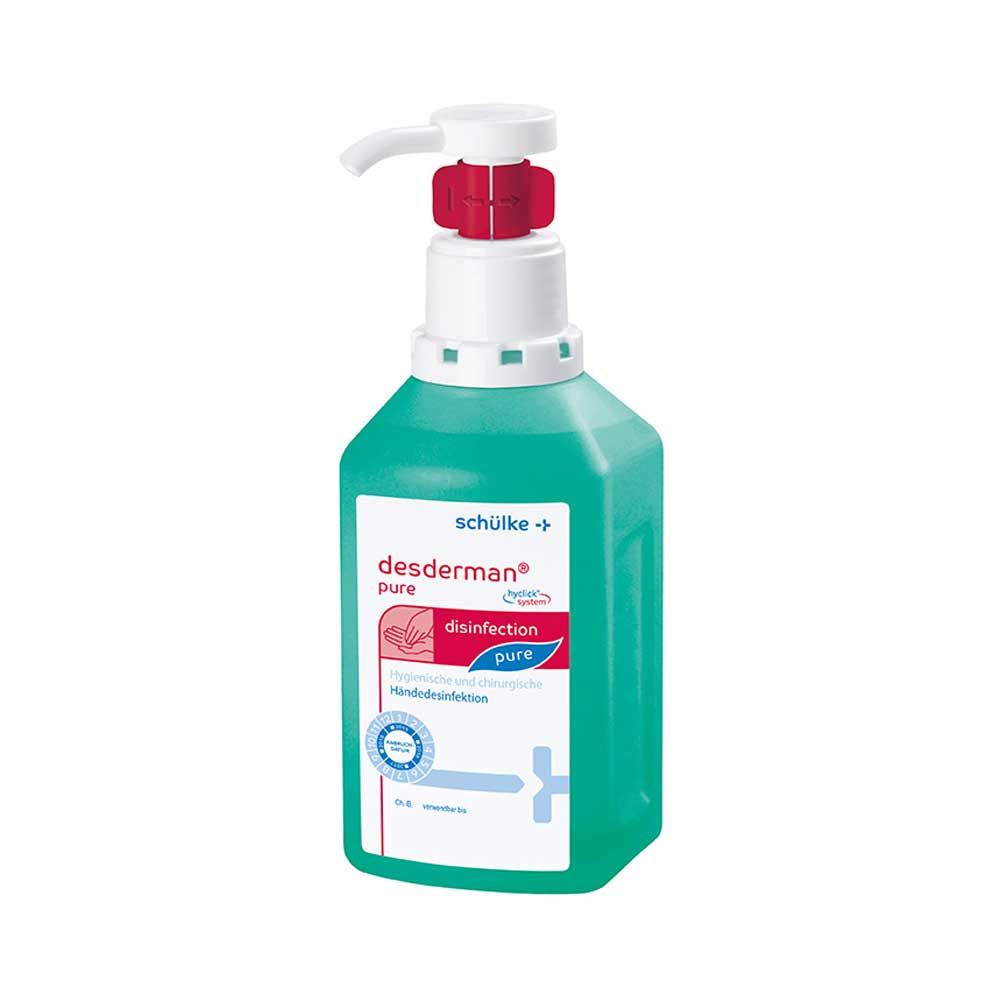 Desinfektionsmittel-Flasche mit grünem Behälter und rotem Pumpaufsatz