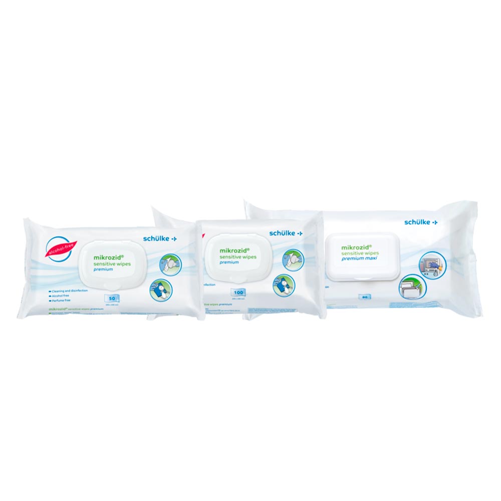 Schülke Desinfektionstücher Mikrozid® Sensitive Premium, Vorderseite der Packung