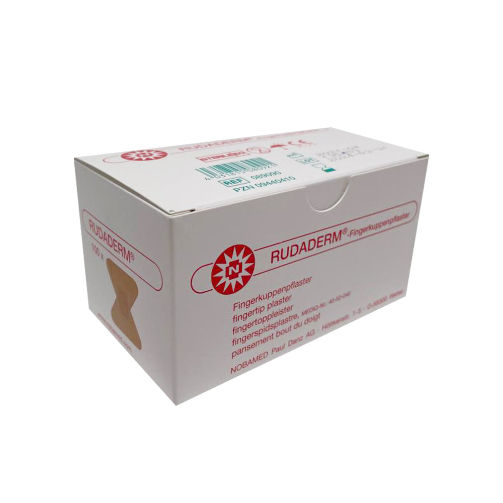 Fingerkuppenpflaster-Box mit Sichtfenster, weiße Verpackung mit rotem RUDADERM® Logo