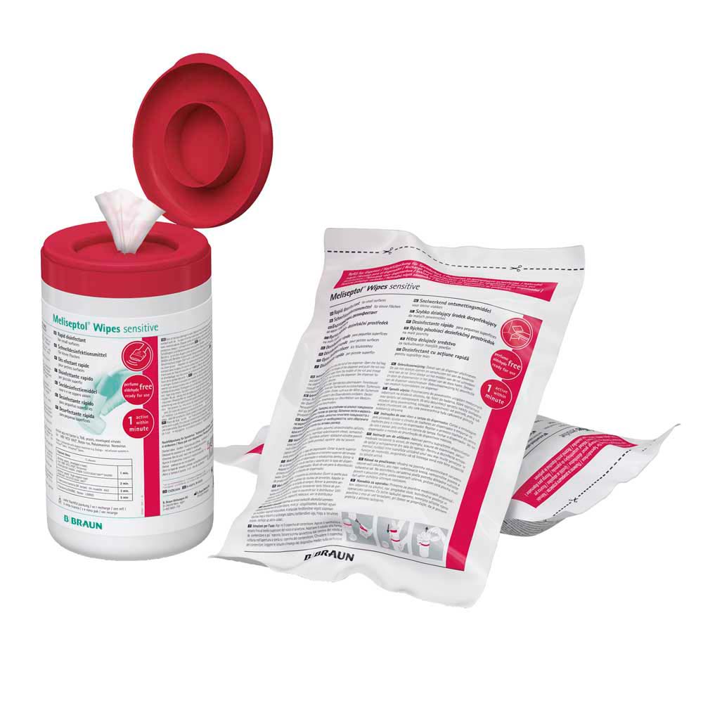 Desinfektionstücher Meliseptol® Wipes sensitive: Spenderdose und Nachfüllbeutel