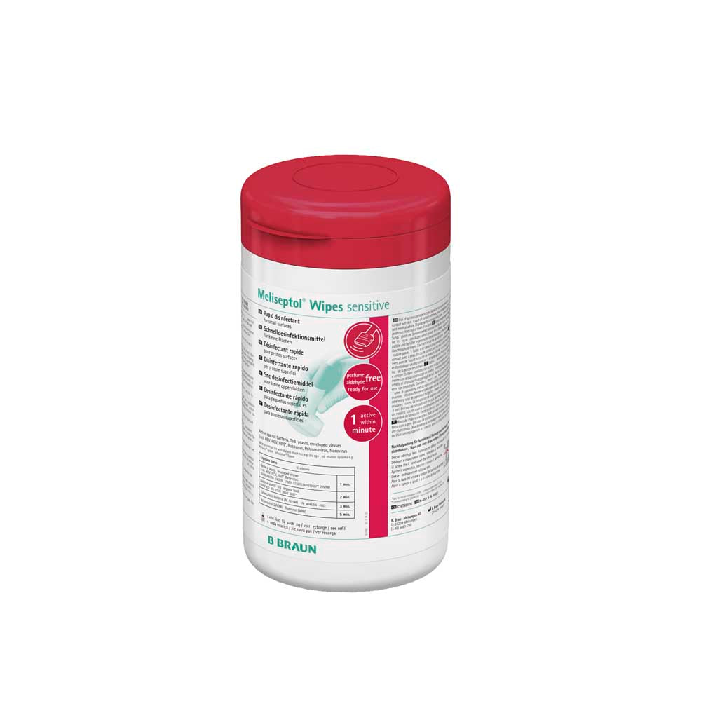 Desinfektionstücher Meliseptol® Wipes sensitive in weißer Spenderdose mit rotem Deckel