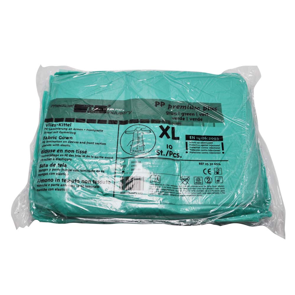 Infektionsschutzkittel aus Vlies in Folienverpackung, grün, Größe XL, 10 Stk.