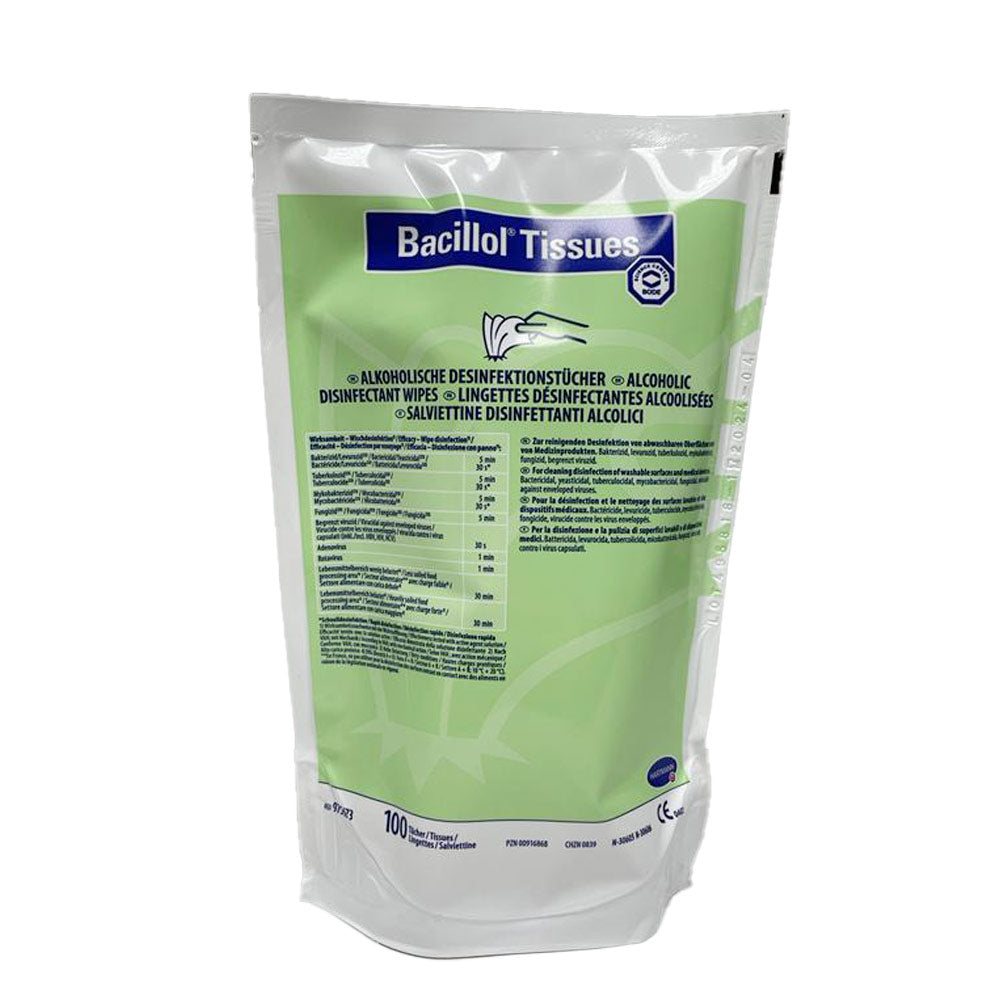 Bacillol Tissues Desinfektionstücher Nachfüllpack, Vorderseite in Grün mit Logo