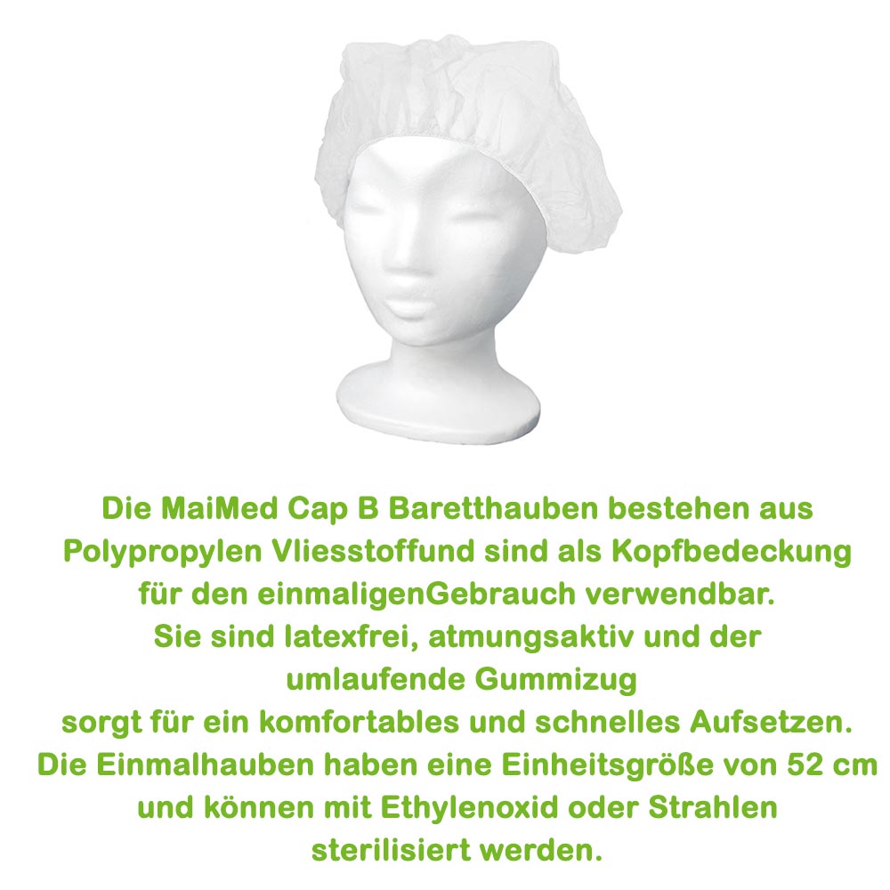 MaiMed Cap B Einweg-Baretthaube, weiß, mit geraffter Krempe und Gummizug