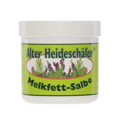 Hautschutz-Melkfett-Salbe im Tiegel mit weißem Deckel, grünem Etikett und Schriftzug