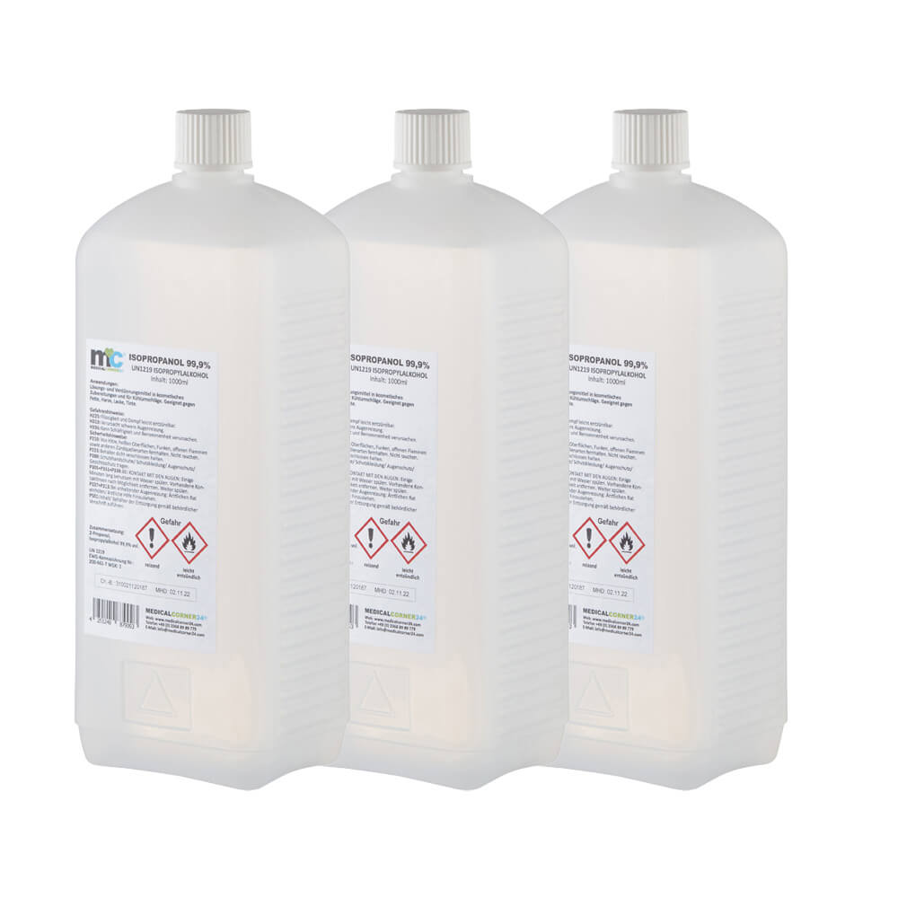 Isopropylalkohol 99,9% Reiniger, 3x 1-Liter Flaschen im Set mit Schraubverschluss