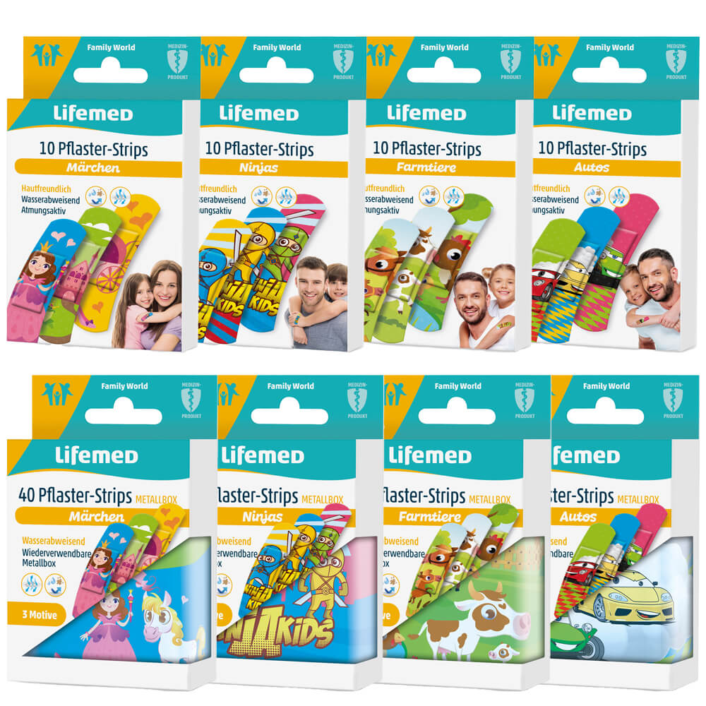 Kinderpflaster-Set mit bunten Motiven: Autos, Märchen, Farmtiere, Ninja