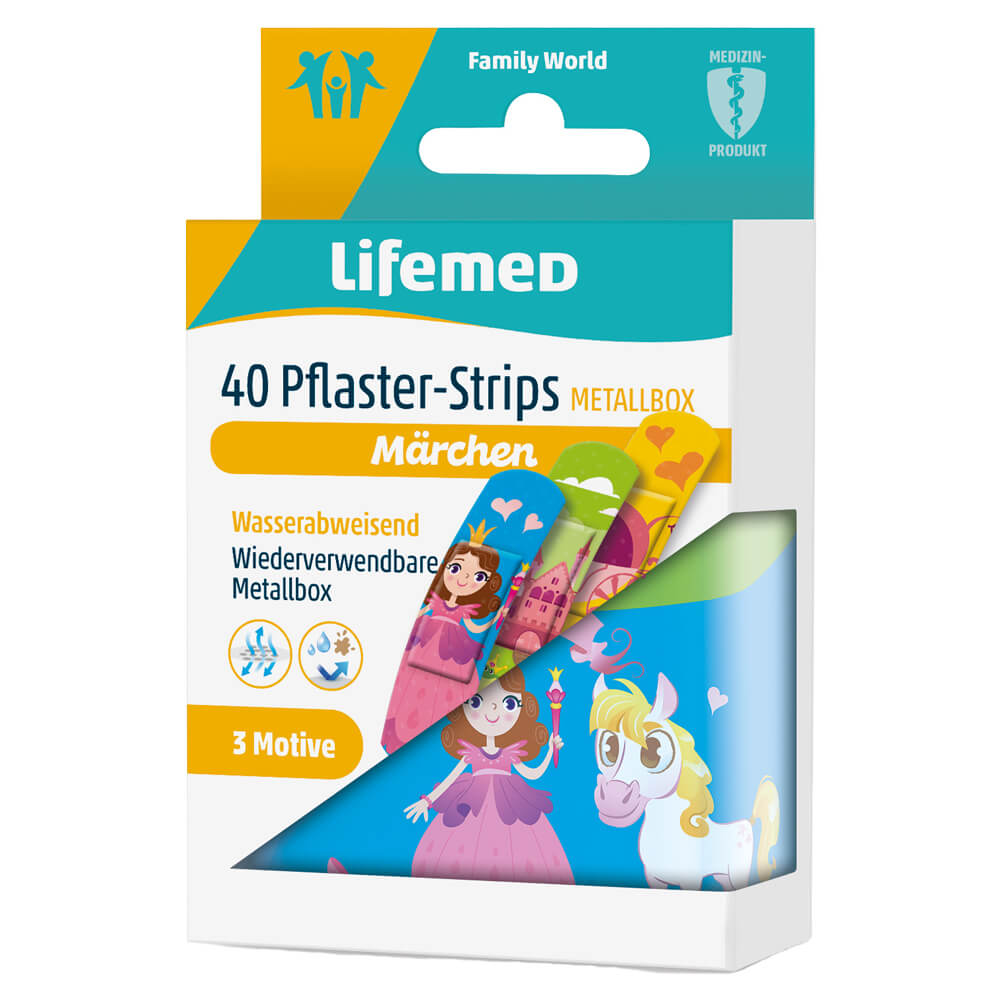 Lifemed® Kinderpflasterstreifen 40er Metallbox mit Märchen-Motiv