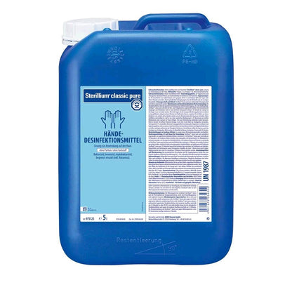 Blauer Händedesinfektionsmittel-Kanister mit Tragegriff, Rückansicht, 5 Liter.