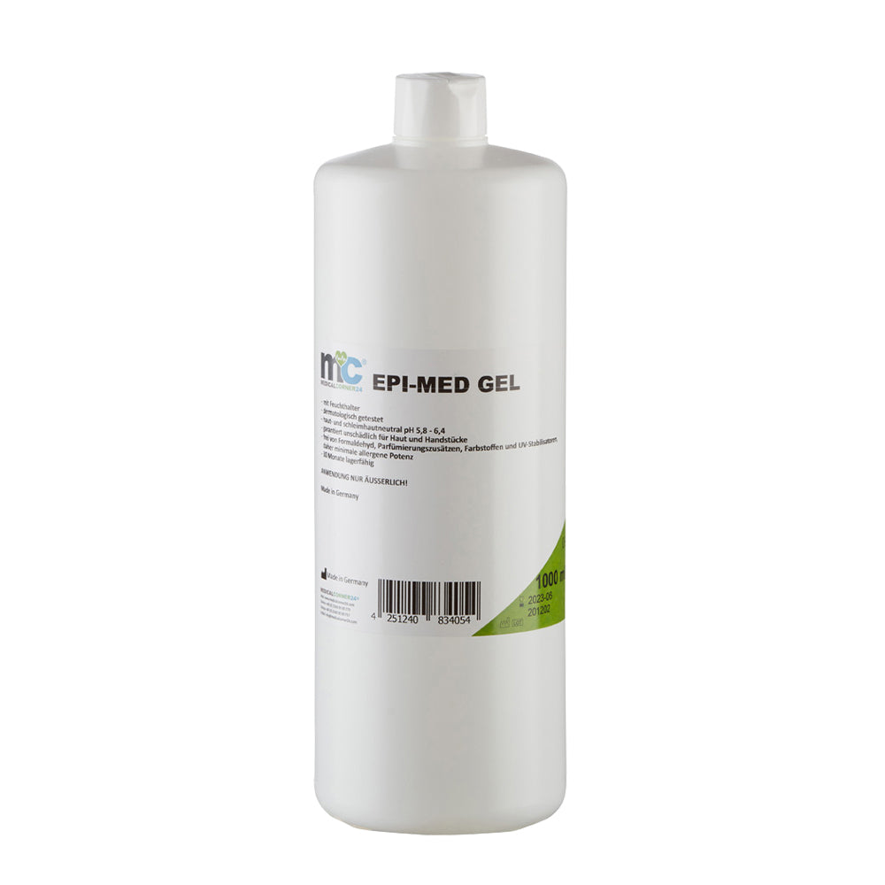 IPL-Kontaktgel EPI-MED GEL, Flasche mit Rückseitenaufdruck und weißem Verschluss