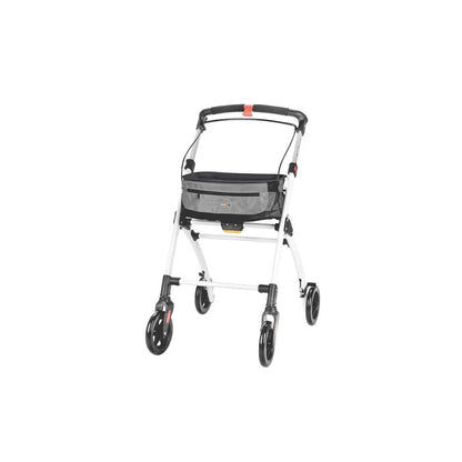 Rollator mit Tasche und gepolsterter Sitzfläche, weißer Rahmen und 4 Lenkräder
