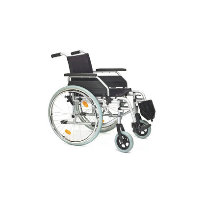 Stahl-Rollstuhl Servomobil mit dunklem Sitz, Armlehnen und großen Antriebsrädern