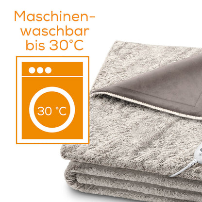 Graue Heizdecke mit Anschlusskabel am Rand, dichtes Kuschelfleece