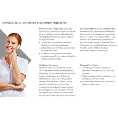 Descolind Expert Serie: Frau mit Hand am Gesicht neben Texttafeln