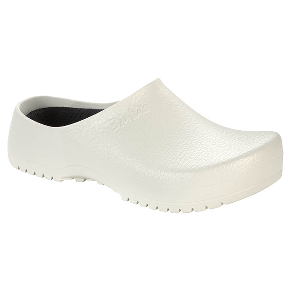 Birkenstock Super Birki Clog: weißer Polyurethan-Slip-On mit Profilsohle