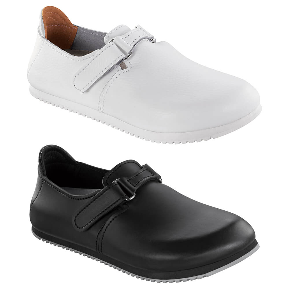 Weißer Birkenstock-Schuh mit Klettverschluss und profilierter Superlaufsohle.